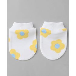 Bonfino 100% Cotton Knit Cap, Mittens & Booties with Floral Print and Bow White - Diameter 10 cm