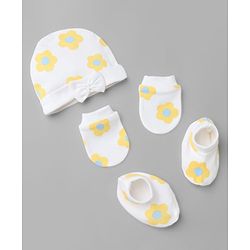 Bonfino 100% Cotton Knit Cap, Mittens & Booties with Floral Print and Bow White - Diameter 10 cm