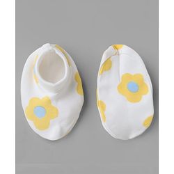 Bonfino 100% Cotton Knit Cap, Mittens & Booties with Floral Print and Bow White - Diameter 10 cm