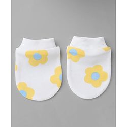 Bonfino 100% Cotton Knit Cap, Mittens & Booties with Floral Print and Bow White - Diameter 10 cm