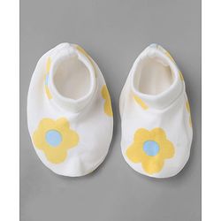 Bonfino 100% Cotton Knit Cap, Mittens & Booties with Floral Print and Bow White - Diameter 10 cm