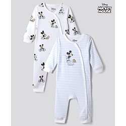 Bonfino Disney 100% Cotton Knit Full Sleeve Romper With Mickey Mouse Graphic Pack of 2 - Light Blue White