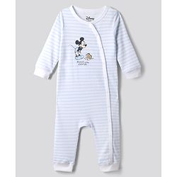 Bonfino Disney 100% Cotton Knit Full Sleeve Romper With Mickey Mouse Graphic Pack of 2 - Light Blue White