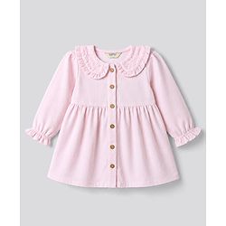 Bonfino 100% Cotton Woven Full Length Solid Corduroy Fit & Flare  Frock With Collar Detail - Light Pink