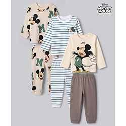 Bonfino Disney 100% Cotton Interlock Knit Full Sleeves Co-ord Striped T-Shirt & Pajama Night Suit with Mickey Mouse & Friends Graphic Print Pack of 3 - Cream White & Beige