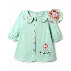 Bonfino 100% Cotton Corduroy Dress With Full Sleeves and Flower Embroidery in Light Green
