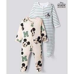 Bonfino Disney 100% Cotton Interlock Knit Full Sleeves Striped Sleep Suits with Mickey Mouse Graphic Print Pack of 2 - White & Cream