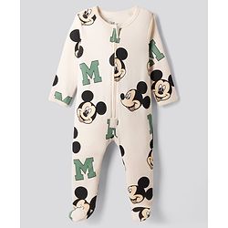 Bonfino Disney 100% Cotton Interlock Knit Full Sleeves Striped Sleep Suits with Mickey Mouse Graphic Print Pack of 2 - White & Cream