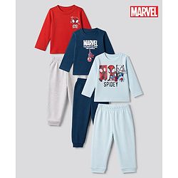 Bonfino Marvel 100% Cotton Interlock Knit Full Sleeves T-Shirt & Pajama Night Suits with Spider Man Graphics Print Pack of 3 - Light Blue Red Navy Blue