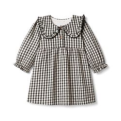 Bonfino Woven 100% Cotton Full Sleeves Y/D Checks Fit & Flare Dress With Collar and Frill Detail - Beige