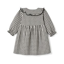 Bonfino Woven 100% Cotton Full Sleeves Y/D Checks Fit & Flare Dress With Collar and Frill Detail - Beige