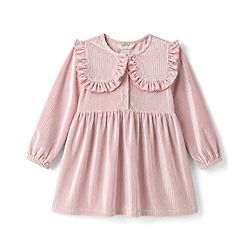 Bonfino Woven Full Sleeves Striped Velour Fit & Flare Dress With Collar Detailing - Pink