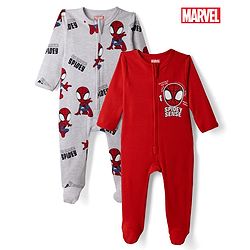 Bonfino Marvel 100% Cotton Interlock Knit Full Sleeves Sleep Suits with Spider Man Graphic Print Pack of 2 - Light Grey & Red