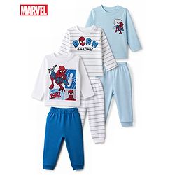 Bonfino Marvel 100% Cotton Interlock Knit Full Sleeves Striped T-Shirt & Pyjama Night Suit with Spider Man Graphic Pack of 3 - White & Sky Blue