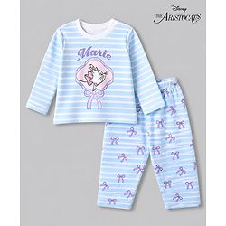 Bonfino Disney 100% Cotton Interlock Knit Full Sleeves Striped T-Shirt & Pajama Night Suit with Marie Graphic & Bow Print - White & Light Blue