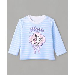 Bonfino Disney 100% Cotton Interlock Knit Full Sleeves Striped T-Shirt & Pajama Night Suit with Marie Graphic & Bow Print - White & Light Blue