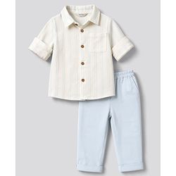 Bonfino 100% Cotton Double Gauze Woven Full Sleeves Striped Shirt & Chino Pant Set - White & Light Blue