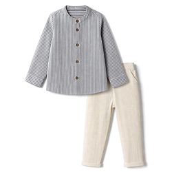 Bonfino 100% Cotton Woven Yarn Dyed Striped Mandarin Collar Shirt with Double Gauze Chino Set - Grey & Beige