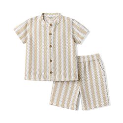 Bonfino Cotton Viscose Woven Crochet Band Mandarin Collar Half Sleeves Shirt & Shorts Co Cord Set - Beige