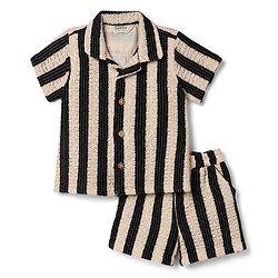 Bonfino Cotton Viscose Woven Crochet Band Resort Collar Half Sleeves Shirt & Shorts Co Cord Set - Beige & Black