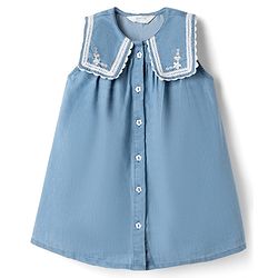 Bonfino Cotton Woven A-Line Dress with Sleeveless and Floral Embroidery - Blue