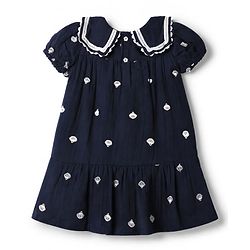 Bonfino 100% Cotton Woven Cap Sleeves Dress With Collar Detail & Seashell Embroidery - White