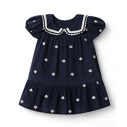 Bonfino 100% Cotton Woven Cap Sleeves Dress With Collar Detail & Seashell Embroidery - White
