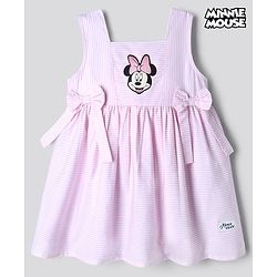 Bonfino Disney 100% Cotton Woven Sleeveless Striped Frock With Mickey Mouse Graphic - Light Pink