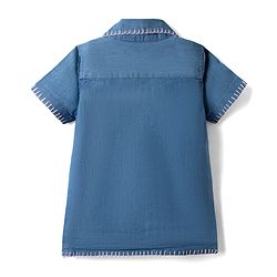 Bonfino Woven Half Sleeves Denim Top & Trouser Set with Blanket Stitch Detailing - Blue