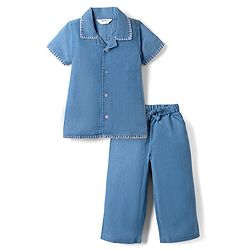 Bonfino Woven Half Sleeves Denim Top & Trouser Set with Blanket Stitch Detailing - Blue