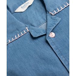 Bonfino Woven Half Sleeves Denim Top & Trouser Set with Blanket Stitch Detailing - Blue