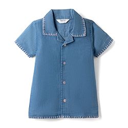 Bonfino Woven Half Sleeves Denim Top & Trouser Set with Blanket Stitch Detailing - Blue