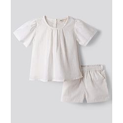 Bonfino 100% Cotton Dobby Woven Half Bell Sleeves Solid Colour A-Line Co-Ods Top & Shorts Set - White