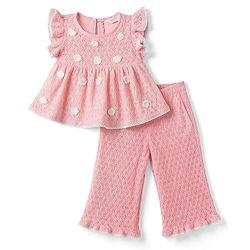 Bonfino 100% Cotton Woven Sleeveless Crochet Peplum Top & Flared Pant With 3-d Floral Applique - Pink