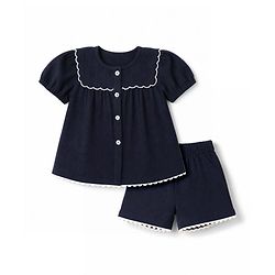 Bonfino Cotton Woven Half Sleeves Double Gauze Top & Shorts Set with Embroidery - Navy Blue