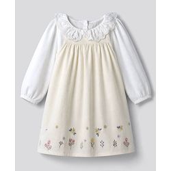 Bonfino Cotton Woven Corduroy Floral Embroidery Pinafore Dress and Double Gauze Collared Top With Full Sleeves - Offwhite