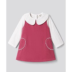 Bonfino 100% Cotton Woven Full Sleeves Solid Frock With Dobby Collar & Rick Rack Lace - Dark Pink
