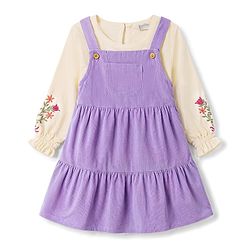 Bonfino 100% Cotton Woven Tiered Corduroy Pinafore Dress and T-shirt With Full Sleeves and Floral Embroidery - Lilac