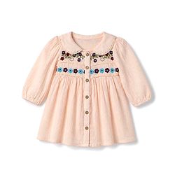 Bonfino 100% Cotton Woven Double Gauze Fit & Flare Collared Dress with Full Sleeves and Floral Embroidery with Lace Detailing - Pink