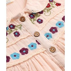 Bonfino 100% Cotton Woven Double Gauze Fit & Flare Collared Dress with Full Sleeves and Floral Embroidery with Lace Detailing - Pink