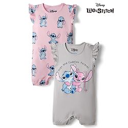 Bonfino Disney Interlock Knit Half Sleeves Rompers With Stitch and Angel Graphic Pack of 2 - Pink & Grey