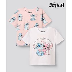 Bonfino Disney Cotton Knit T-Shirts Half Sleeves Stitch and Angel Graphic Multi Color 9-12 Months Pack of 2
