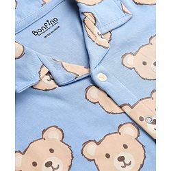 Bonfino 100% Cotton Knit Full Sleeves Co-ord Shirt and Pajama Night Suit with Bear Print - Blue