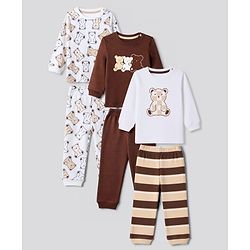 Bonfino 100% Cotton Knit Full Sleeves Co-Ords T-Shirt & Pyjama Night Suit with Bear Print Pack of 3 - White & Brown