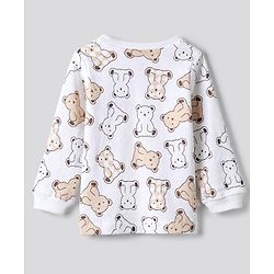 Bonfino 100% Cotton Knit Full Sleeves Co-Ords T-Shirt & Pyjama Night Suit with Bear Print Pack of 3 - White & Brown