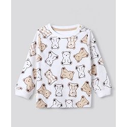 Bonfino 100% Cotton Knit Full Sleeves Co-Ords T-Shirt & Pyjama Night Suit with Bear Print Pack of 3 - White & Brown