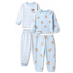 Bonfino 100% Cotton Knit Yarn Dyed Full Sleeves Striped T-Shirt & Pajama Night Suit with Bear Print Pack of 2 - White