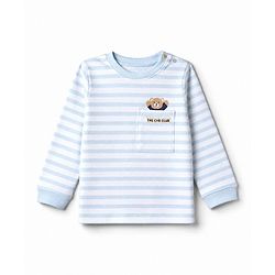 Bonfino 100% Cotton Knit Yarn Dyed Full Sleeves Striped T-Shirt & Pajama Night Suit with Bear Print Pack of 2 - White