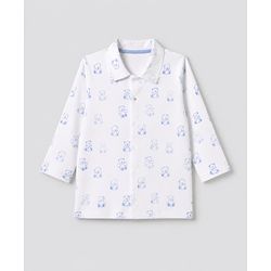 Bonfino 100% Cotton Knit Yarn Dyed Full Sleeves Co-ord Shirt & Pajama Night Suit with Bear Print - White