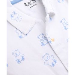 Bonfino 100% Cotton Knit Yarn Dyed Full Sleeves Co-ord Shirt & Pajama Night Suit with Bear Print - White